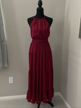NWT  Aakaa Burgundy Halter Maxi Dress with Tiered Skirt